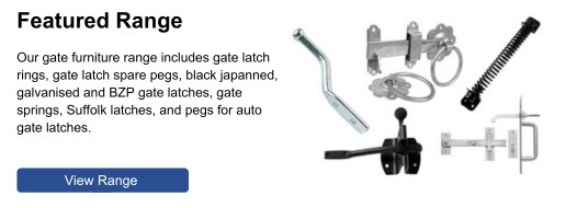 Our gate furniture range includes gate latch rings, gate latch spare pegs, black japanned, galvanised and BZP gate latches and more